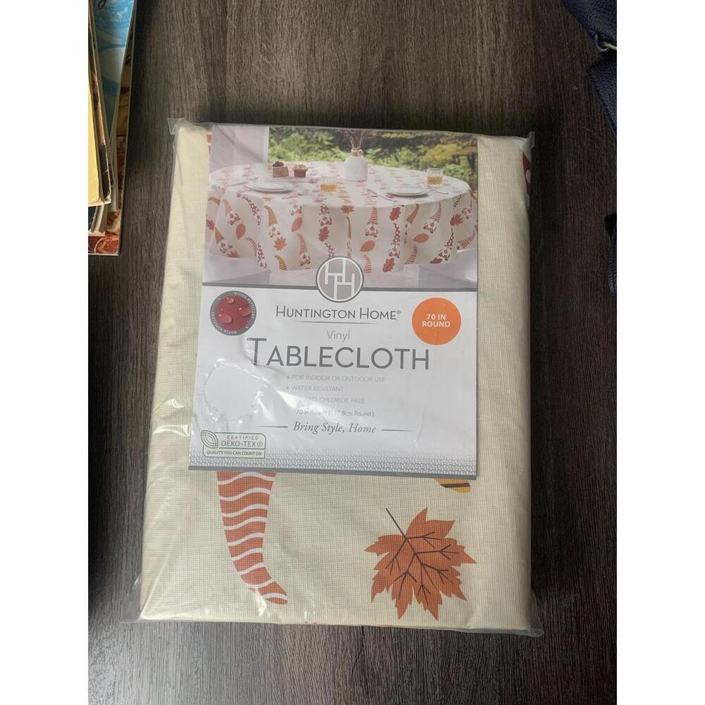 Huntington Home 70 Inch Round Vinyl Indoor/Outdoor Fall Leaves Gnomes Tablecloth